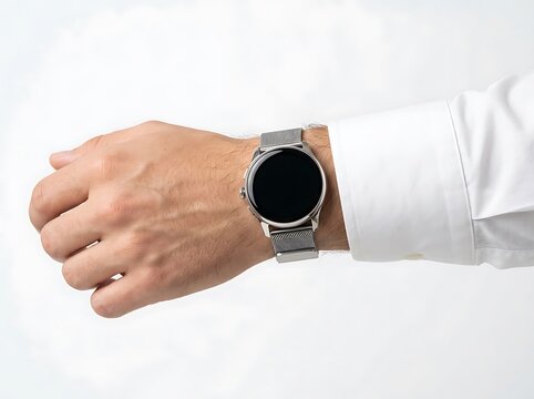 Round silver smartwatch on a mans wrist