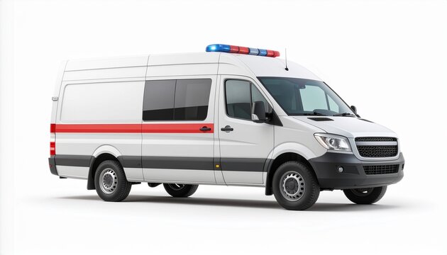 Modern white ambulance vehicle isolated on white background.