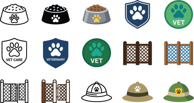 Flat vector zoo keeper icons set with animal care and wildlife conservation activities
