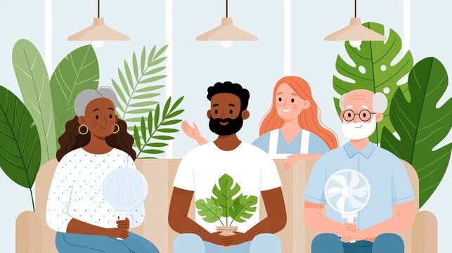 Diverse group of people relaxing together surrounded by lush indoor plants.