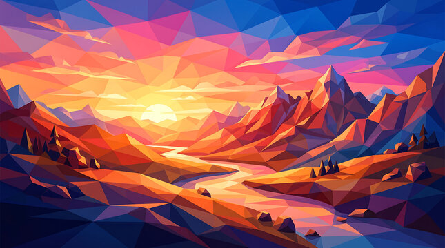 Low poly geometric landscape at sunset isolated on transparent background for creative projects