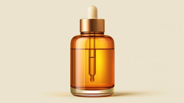 Amber colored liquid fills a glass bottle with a dropper.