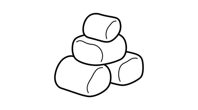 Continuous line drawing of a stack of fluffy marshmallows. Black and white outline illustration perfect for food design, camping themes, and sweet treats.