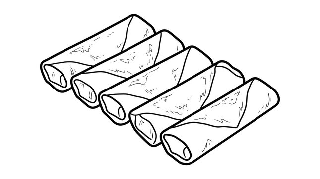 Continuous line drawing of crispy spring rolls. Minimalist black and white outline illustration for Asian cuisine menus, appetizers, and street food designs.