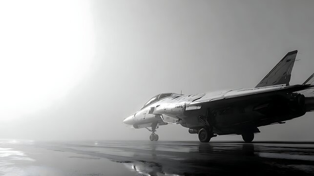 Sleek. futuristic fighter jet on a reflective. wet tarmac under a hazy. bright sky. 3D render