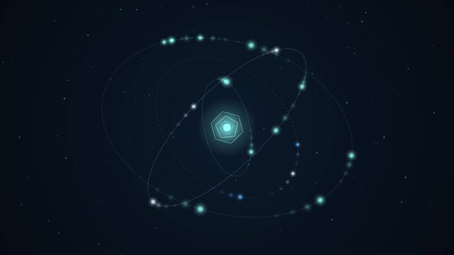 Futuristic atom model with glowing blue particles, scientific quantum physics animation, abstract digital energy nucleus in dark space