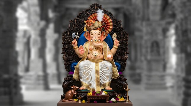 Traditional statue of lord ganesha seated on a dark carved wooden throne wearing a white dhoti and colorful turban with a mouse beside him in a temple