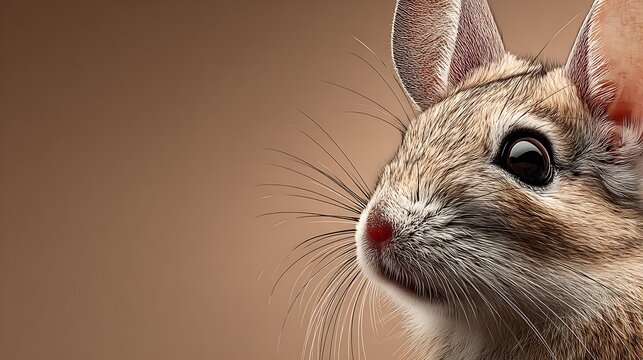 Close up realistic photo of a cute jerboa s face with large expressive eyes and long whiskers on a