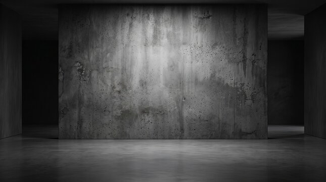 Industrial concrete wall background, dark moody studio room with spotlight, empty cement gallery space for product display