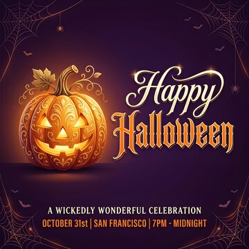 Happy halloween party invitation flyer featuring a glowing carved pumpkin on a dark purple background