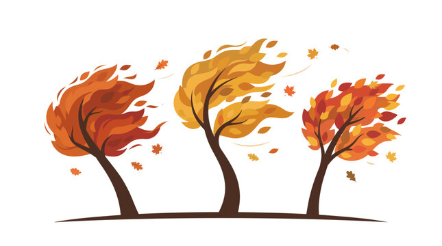 Autumn trees in wind vector, windy fall season foliage with blowing leaves, orange and yellow deciduous trees in storm