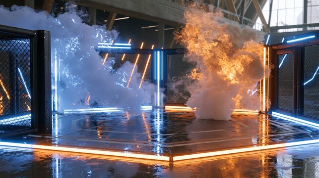 Dynamic arena with glowing lights and swirling smoke creates an intense atmosphere.