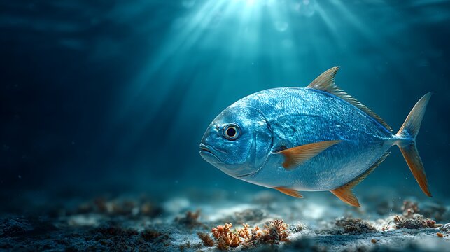 Realistic photography of a vibrant blue pompano fish swimming in clear ocean water with sunbeams