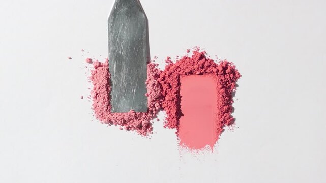 Top perspective frame of powder heap red and pink loose powder heaps, one being smeared with a palette knife on a pale gray canvas | Concept idea for blush marketing