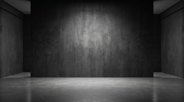 Industrial concrete studio background, dark empty room with spotlight on wall, moody gray cement interior for product display