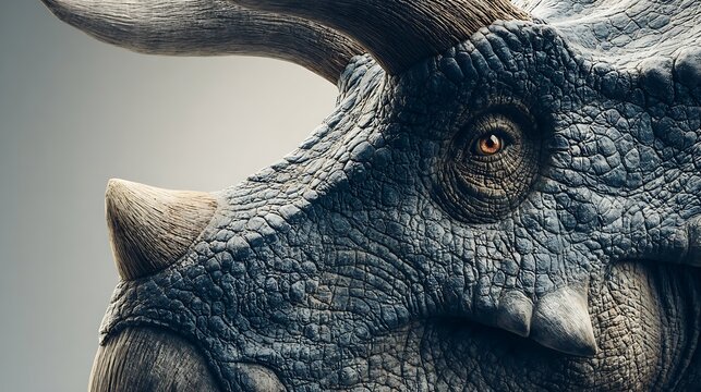 Close up of a Triceratops dinosaur head with textured scales and horns. detailed ancient reptile p