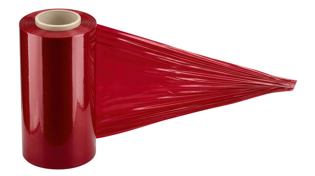 Un rouleau de film &eacute;tirable industriel rouge pour l'emballage et la palettisation, pr&eacute;sent&eacute; sur un fond blanc pur pour une utilisation commerciale polyvalente.