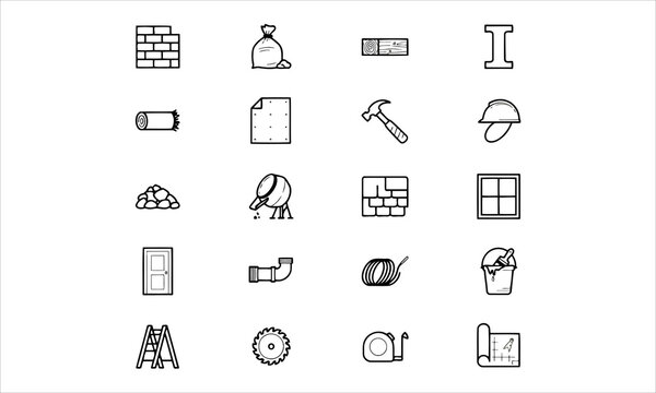 Set outline icons related to building materials. Linear icon collection. Editable stroke. Vector illustration