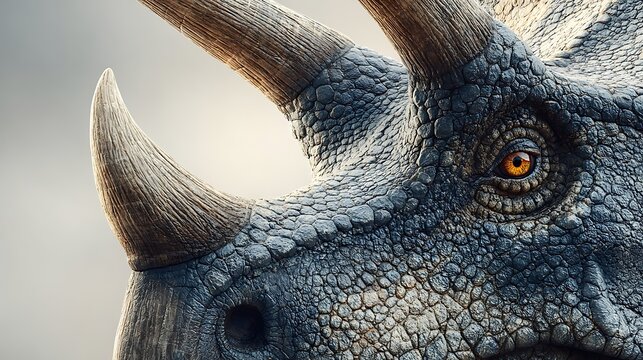 Close up of a Triceratops dinosaur s head. showcasing detailed textured skin and piercing amber ey