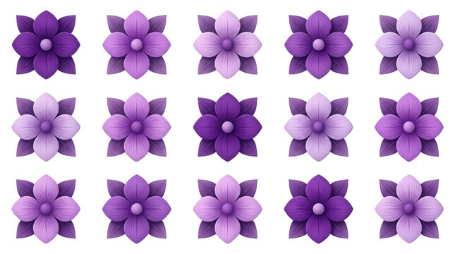 Un motif r&eacute;p&eacute;titif &eacute;l&eacute;gant compos&eacute; de fleurs stylis&eacute;es dans des nuances vari&eacute;es de violet et de pourpre, dispos&eacute;es en grille r&eacute;guli&egrave;re sur un fond blanc pur pour un design printanier.