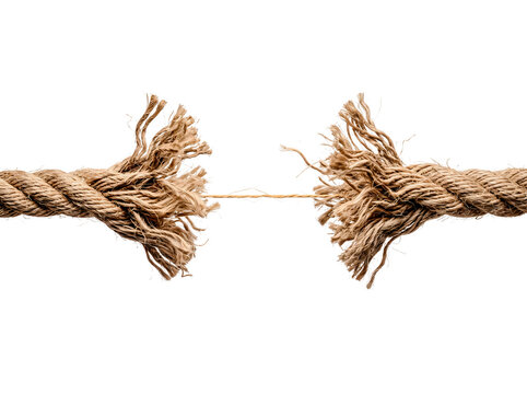 Heavy duty hemp rope fraying and breaking under extreme tension on white background