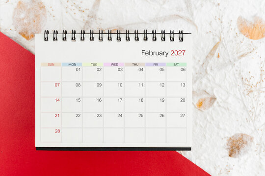 February calendar 2027 on mulberry paper background. 2027 calendar planning appointment meeting concept.