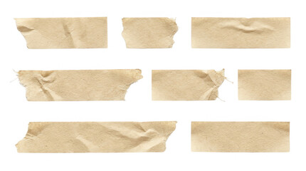 Ensemble de bandes de ruban de masquage en papier kraft beige avec des textures froissées et des bords déchirés, isolées sur fond blanc.