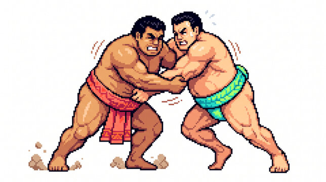 Pixel art sumo wrestlers in intense fighting match vector visual for 8bit retro arcade game sprite illustration