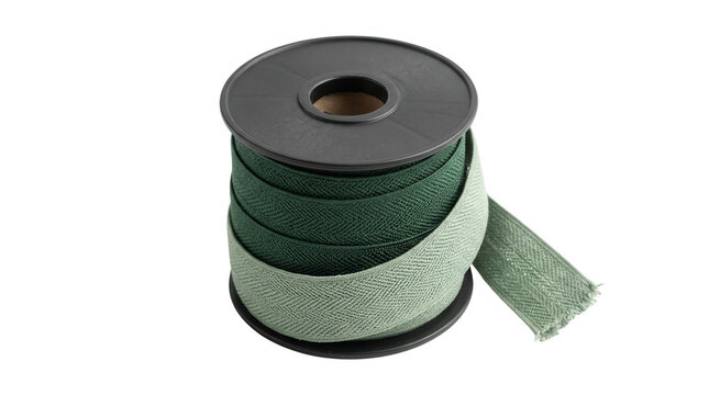 Une bobine de ruban en tissu vert fonc&eacute; et sauge enroul&eacute;e sur un support en plastique noir, isol&eacute;e sur un fond blanc pur pour des projets de couture et de d&eacute;coration.