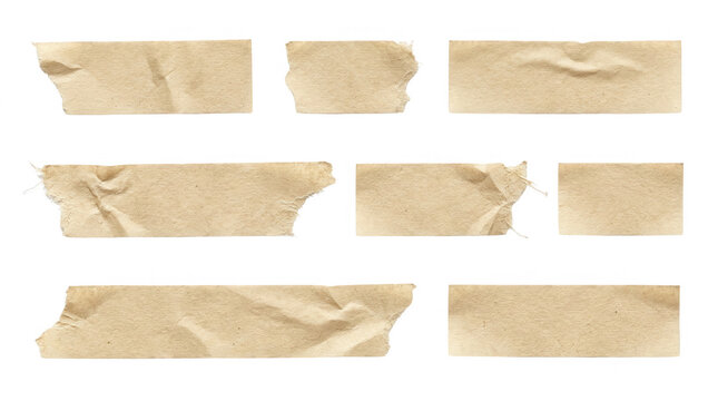Ensemble de bandes de ruban de masquage en papier kraft beige avec des textures froiss&eacute;es et des bords d&eacute;chir&eacute;s, isol&eacute;es sur fond blanc.