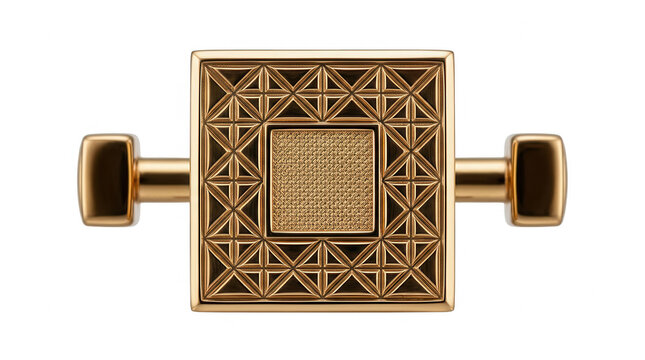 &Eacute;l&eacute;gant bouton de manchette en or de forme carr&eacute;e avec des motifs g&eacute;om&eacute;triques complexes et une texture centrale, isol&eacute; sur fond blanc.