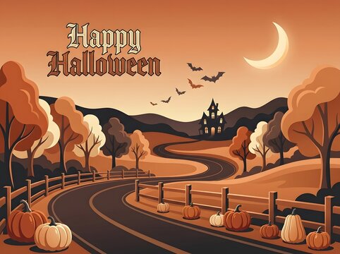 Happy halloween landscape with pumpkins haunted house and bats in a vintage vector illustration