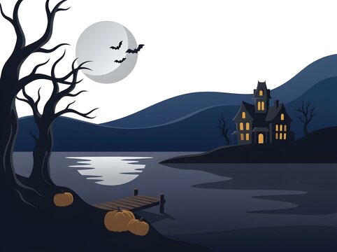Spooky halloween landscape with haunted house bare trees and full moon vector illustration