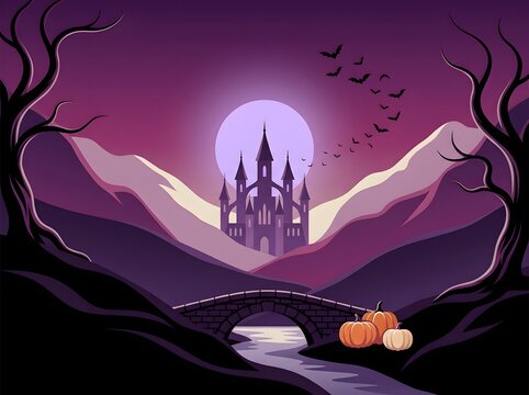 Spooky halloween landscape with a castle bats and pumpkins against a purple moonlit sky