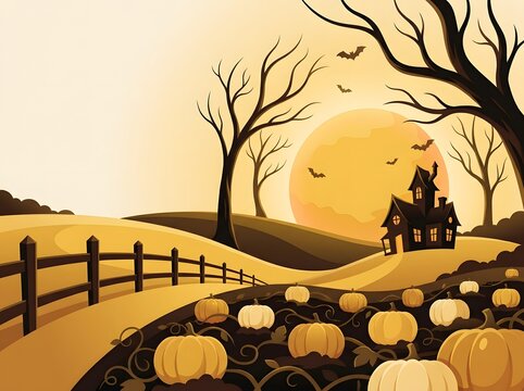 Spooky halloween landscape with haunted house pumpkins and bare trees in autumnal colors