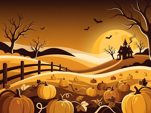 Spooky halloween landscape with pumpkins haunted house and bare trees in a vector illustration