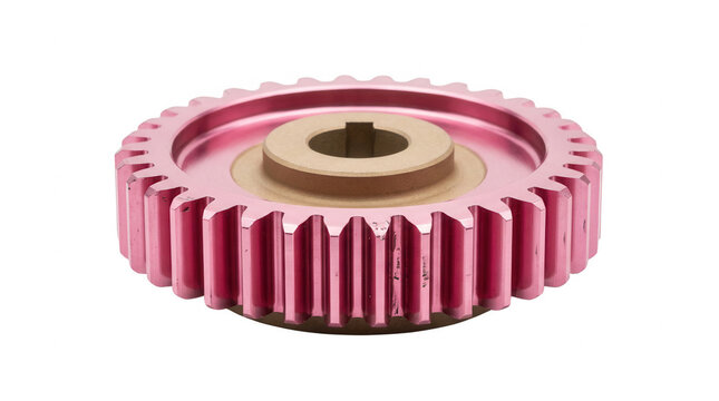 Une roue dent&eacute;e m&eacute;tallique de couleur rose vif isol&eacute;e sur un fond blanc, id&eacute;ale pour illustrer des concepts d'ing&eacute;nierie, de m&eacute;canique de pr&eacute;cision ou de design industriel moderne.
