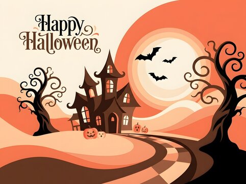 Happy Halloween illustration with haunted house pumpkins bats and spooky trees in orange and brown