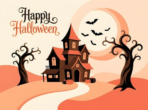 Happy Halloween illustration with haunted house bats and pumpkins in a spooky autumnal scene