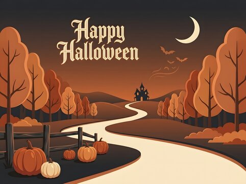 Happy Halloween illustration with pumpkins spooky trees and a haunted house in an autumnal landscape