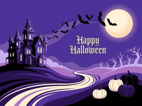 Happy Halloween illustration with spooky castle bats full moon and pumpkins in purple tones