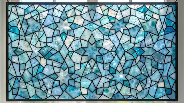 A blue and turquoise stained glass window panel with a repeating star and geometric mosaic pattern held together by black lead cames