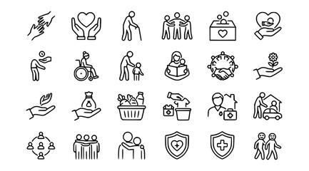 Fototapeta premium Human care and charity icon set with volunteering social help kindness support and community service vector symbols