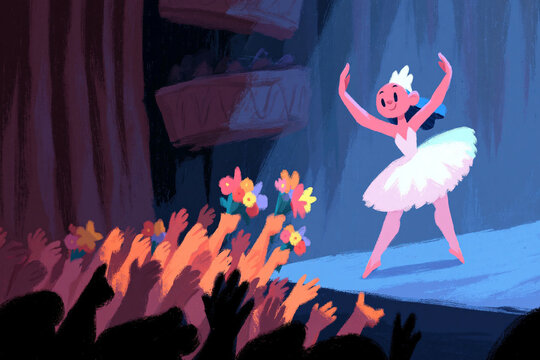 Cute ballerina crown dancing stage theater audience offering flowers cartoon character illustration