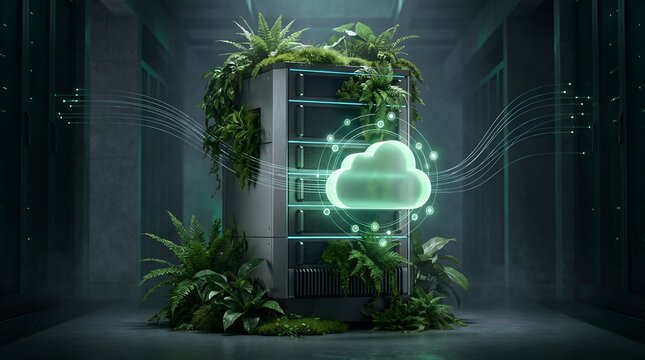 Sustainable cloud computing infrastructure with glowing cloud symbol and lush plants in a modern green data center environment