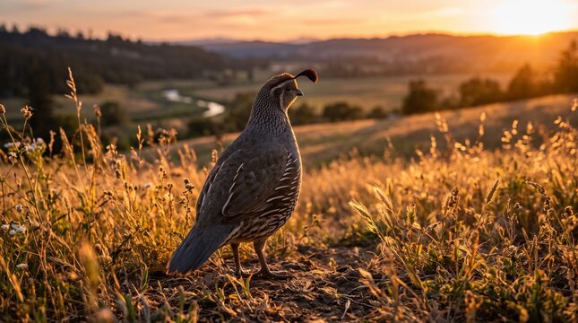 California quail standing in a grassy field at sunset
