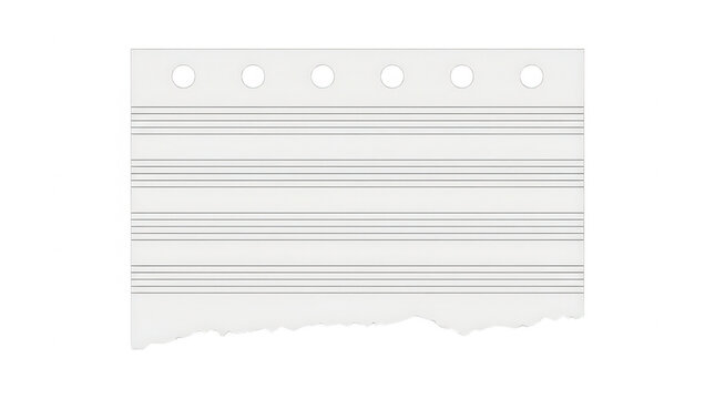 Une feuille de papier &agrave; musique vierge avec des port&eacute;es horizontales et des trous de perforation sur un bord d&eacute;chir&eacute;, isol&eacute;e sur un fond blanc pour la composition musicale.