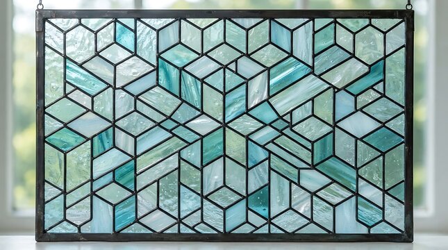 A rectangular stained glass window panel with a geometric pattern of interlocking cubes in shades of light blue, teal, and white, set in a frame