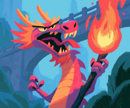 Fierce pink dragon holding burning torch night stone bridge cartoon fantasy character illustration
