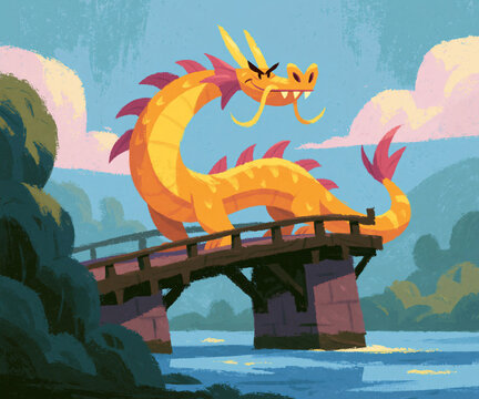 Yellow asian dragon wooden bridge river nature fantasy cartoon character illustration